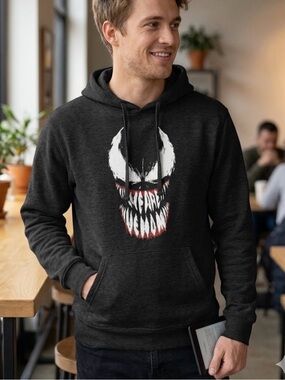 Port & Company, Marvel,Charcoal Pullover Hoodie with White and Red Graphic. 1071